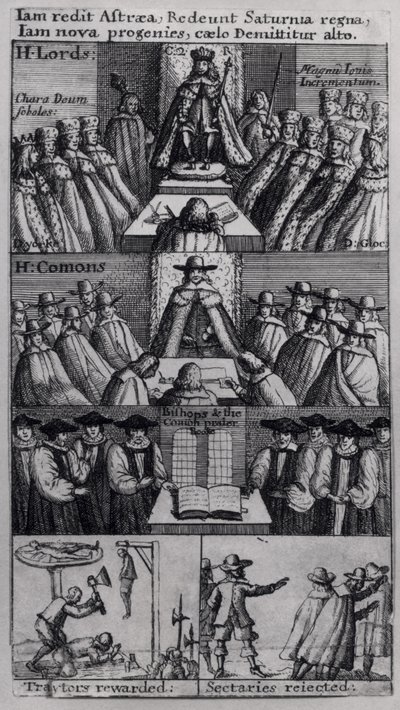 Re Carlo II (1630-85) con le Case del Parlamento, 1660 da English School