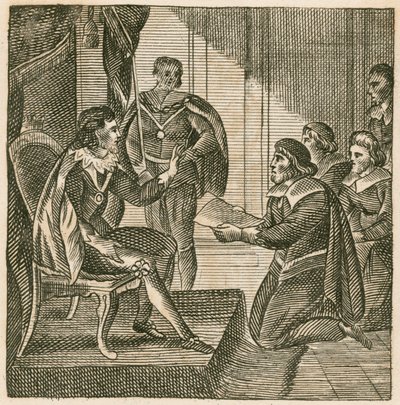 Re Carlo I riceve una petizione dai Comuni per assegnare loro il potere di levare eserciti (incisione) da English School