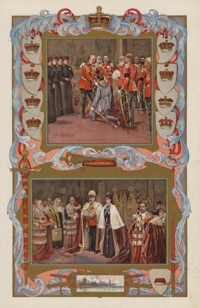 I primi atti di Re Edoardo VII come sovrano nel 1901 (litografia a colori) da English School