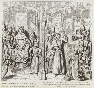Re Edoardo III invia la sua sfida a Filippo di Valois, re di Francia, il vescovo di Lincoln e altri, che avevano giurato di indossare una benda su un occhio fino a quando non avessero compiuto qualche impresa galante da English School