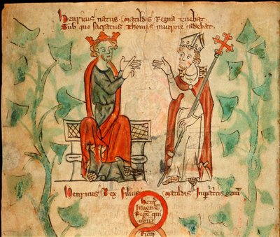 Re Enrico II seduto sul trono, che discute con Thomas Becket, illustrazione da 