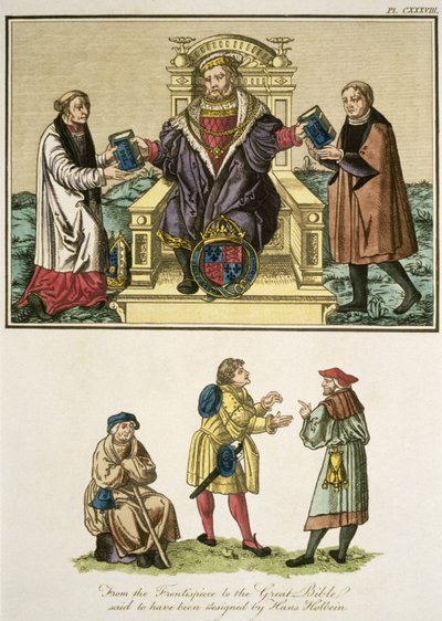 Re Enrico VIII dal frontespizio della Grande Bibbia, detto essere stato progettato da Hans Holbein, illustrazione da The Complete View of the Dress and Habits of the People of England Volume II da English School