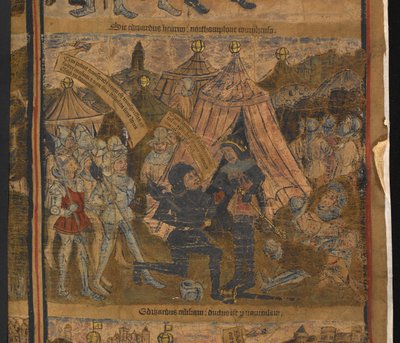 Re Enrico VI catturato dopo la battaglia di Northampton, dalla vita tipologica e genealogia di Re Edoardo IV, Harley MS 7353 da English School
