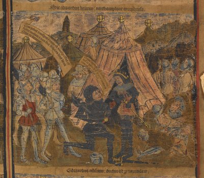 Re Enrico VI catturato dopo la battaglia di Northampton nel 1460 da Edoardo di York (poi re Edoardo IV) e dai conti di Warwick e Salisbury, illustrazione da 