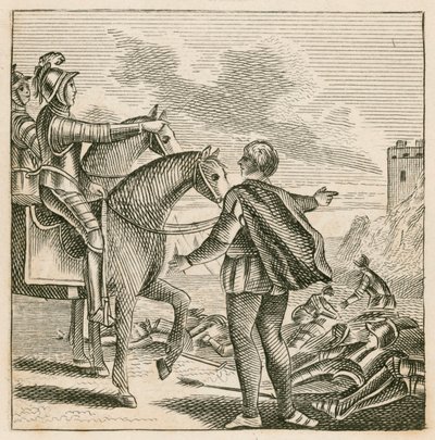 Re Enrico V osserva il campo di battaglia dopo la sconfitta dei francesi ad Agincourt da English School