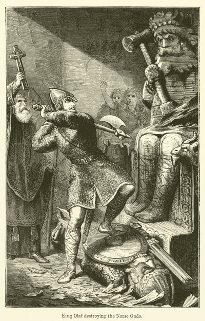 Re Olaf che distrugge gli dei norreni (incisione) da English School