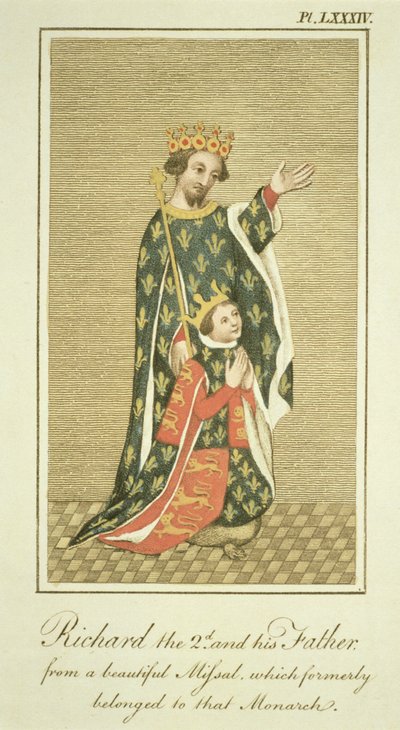 Re Riccardo II con suo padre Edoardo, il Principe Nero, illustrazione da The Complete View of the Dress and Habits of the People of England Volume II, pubblicato 1799 da English School