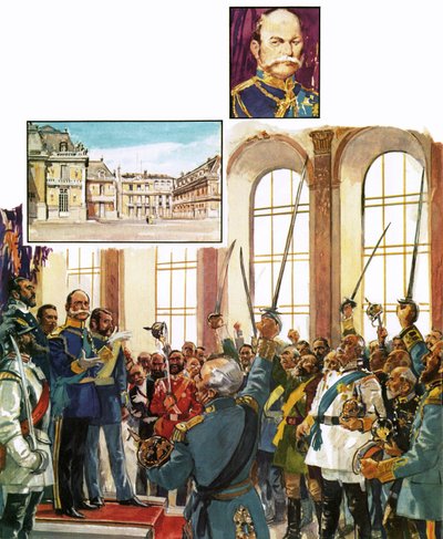 Re Guglielmo di Prussia annuncia la costituzione di un impero tedesco unito nel palazzo di Versailles da English School