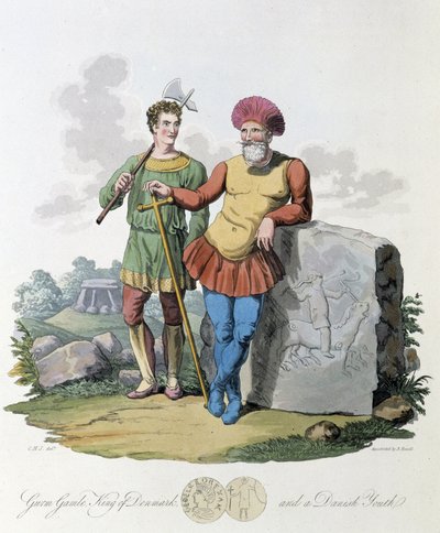 Re di Danimarca e giovane danese - in "Celti e Goti, costumi degli abitanti delle Isole Britanniche del primo VI secolo e delle nazioni gotiche della costa occidentale del Baltico", di S.R. Meyrick e Ch. Smith da English School