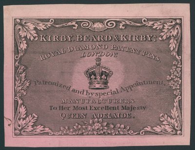 Kirby, Beard and Kirby, Royal Diamond Patent Pins, biglietto da visita da English School