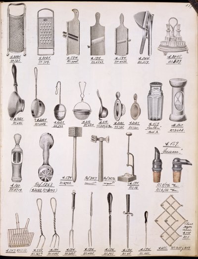 Utensili da cucina, da un catalogo commerciale di beni domestici e accessori, c.1890-1910 da English School