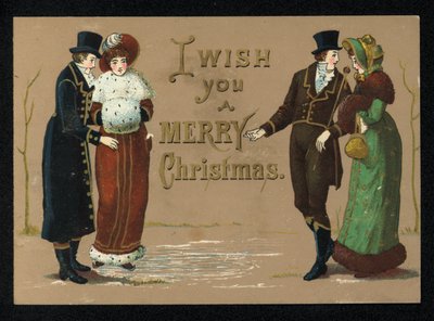 Signore e signori nei loro abiti invernali, cartolina di auguri di Natale da English School