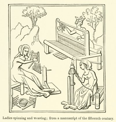 Donne che filano e tessono, da un manoscritto del XV secolo da English School