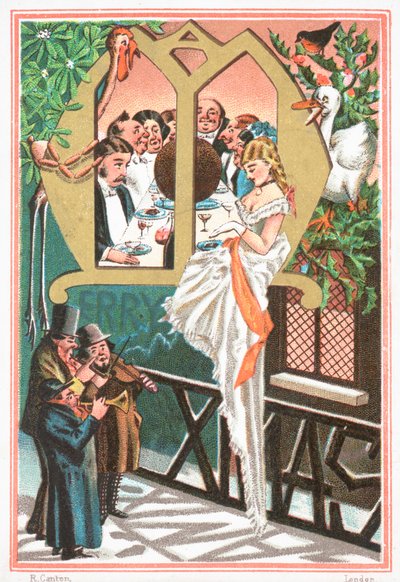 Signora serenata da musicisti, cartolina di Natale da English School