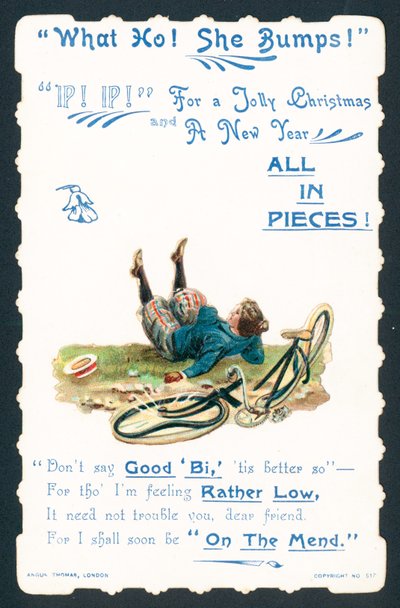Donna che cade dalla bicicletta, cartolina di Natale da English School