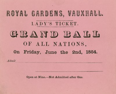 Biglietto per signora, Giardini di Vauxhall, Londra, per il 2 giugno 1854 da English School