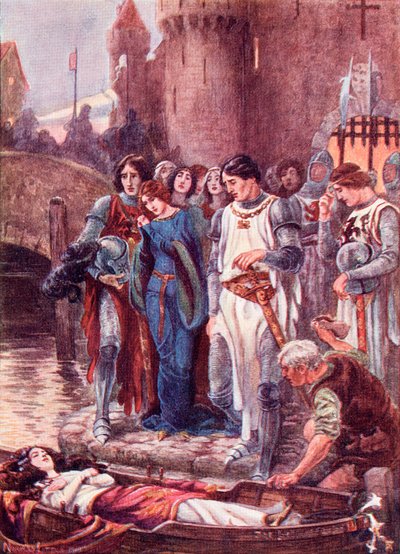 Lancillotto guarda la morta Dama di Shalott al suo arrivo a Camelot. Illustrazione colorata dal libro The Gateway to Tennyson pubblicato nel 1910 da English School