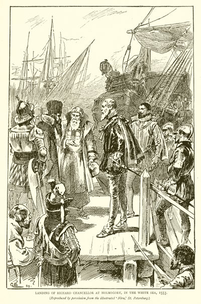 Sbarco di Richard Chancellor a Holmogory, nel Mar Bianco, 1553 da English School