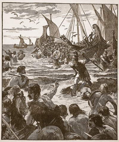 Sbarco dei Romani sulla costa del Kent, illustrazione da Cassells Illustrated History of England da English School