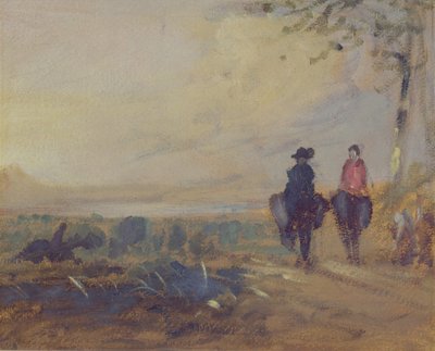 Paesaggio con lago e due figure a cavallo, precedentemente attribuito a J.M.W. Turner e anche a Peter de Wint, 1815-25 da English School