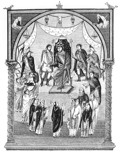 Lat 1 f.423r Carlo il Calvo, re di Francia (823-77) in trono, commissionato dall