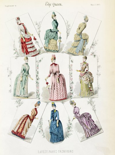 Ultime mode di Parigi, nove abiti da giorno in una tavola di moda da un supplemento a The Queen, maggio 1885 da English School