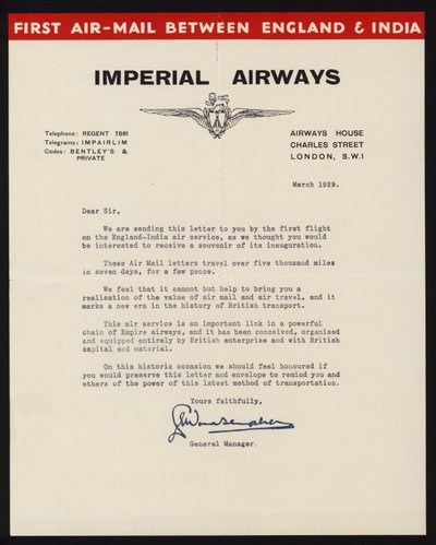 Lancio del primo servizio di posta aerea tra Inghilterra e India da parte di Imperial Airways nel marzo 1929 (litografia) da English School
