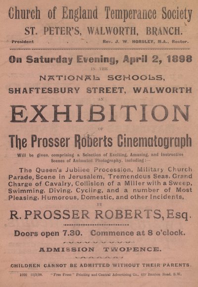 Volantino pubblicitario di una mostra del Cinematografo Prosser Roberts da English School