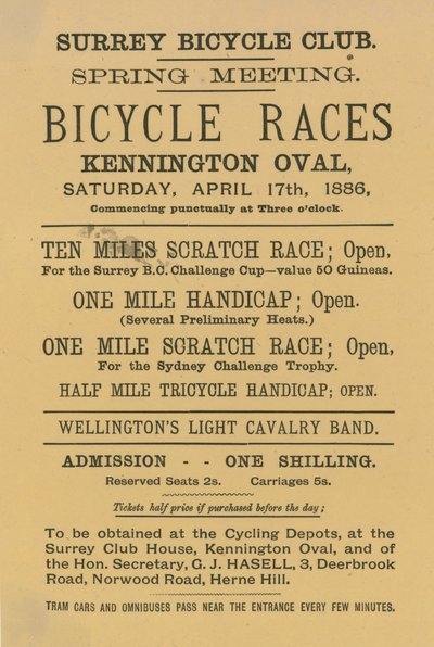 Volantino pubblicitario delle gare di biciclette al Kennington Oval, 17 aprile 1886 da English School