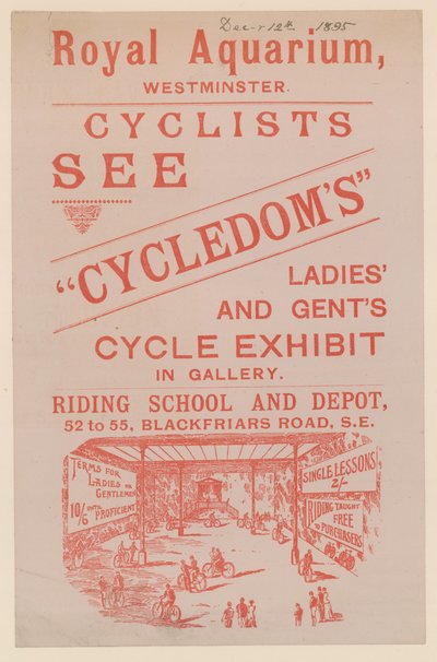 Volantino pubblicitario della mostra di biciclette per signore e signori al Royal Aquarium da English School