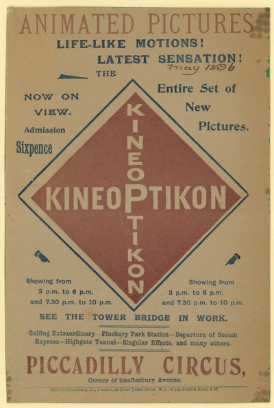 Volantino pubblicitario del Kineoptikon, Piccadilly Circus da English School