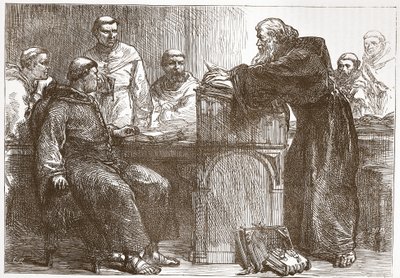 Lefevre che tiene una lezione alla Sorbona, illustrazione da The History of Protestantism di James Aitken Wylie, pub. 1878 da English School