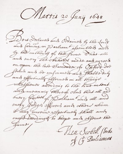 Lettera di Henry Scobell, 20 giugno 1648 da English School
