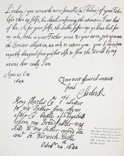 Lettera di Carlo II a Montague, conte di Lindsey, 27 ottobre 1642 da English School