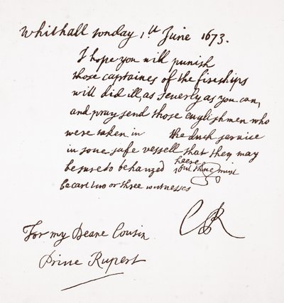 Lettera di Carlo II al principe Rupert, 1 giugno 1673 da English School