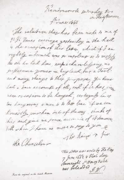 Lettera di Carlo II al cancelliere Lord Clarendon, 7 giugno 1662 da English School