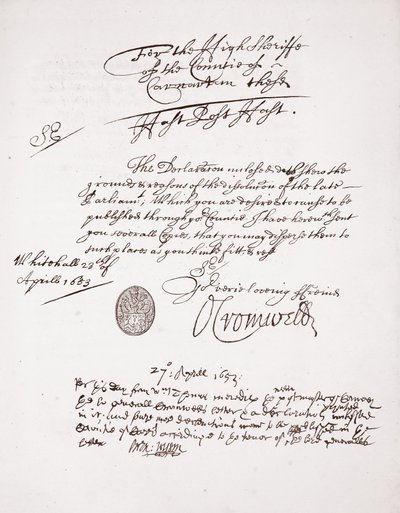 Lettera di Oliver Cromwell, aprile 1653 da English School