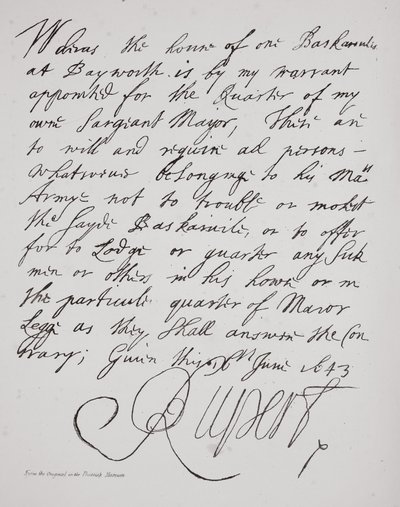 Lettera del principe Rupert, giugno 1643 da English School