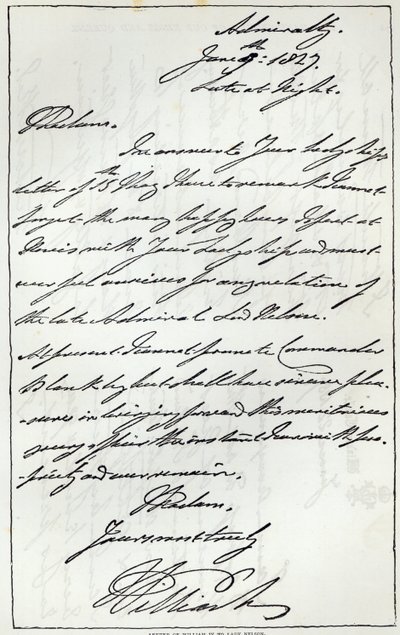 Lettera di Guglielmo IV a Lady Nelson, 1827, pubblicata in 