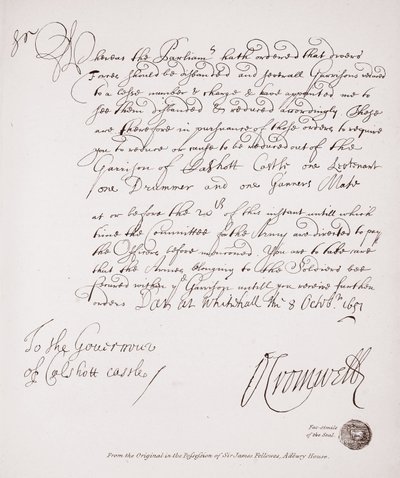 Lettera al governatore del castello di Calshott da Oliver Cromwell, 1651, facsimile dall