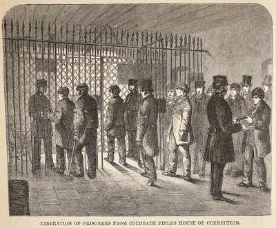Liberazione dei prigionieri dalla Casa di Correzione di Coldbath Fields, illustrazione da Le Prigioni Criminali di Londra e Scene dalla Vita Carceraria di Henry Mayhew e John Binny, pub. 1862 da English School