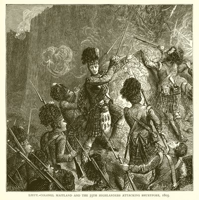 Il tenente colonnello Maitland e i 75° Highlanders attaccano Bhurtpore, 1805 da English School
