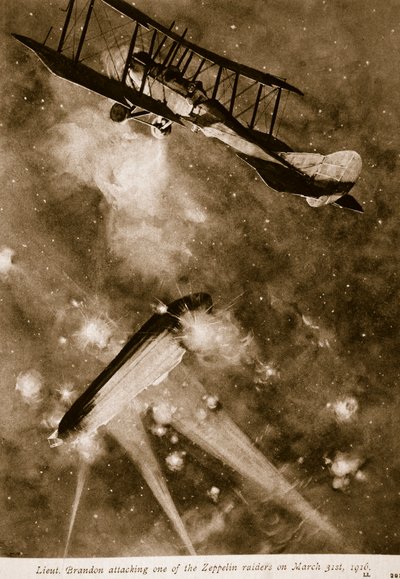 Tenente Brandon che attacca uno dei raid Zeppelin il 31 marzo 1916, 1914-19 da English School