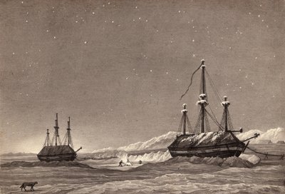 Il primo viaggio del tenente William Parry: H.M.S. Hecla e H.M.S. Griper a Winter Harbour, c.1819 da English School