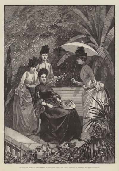 La vita a San Remo, nei giardini della Villa Zirio, la principessa ereditaria di Germania e le sue figlie (incisione) da English School