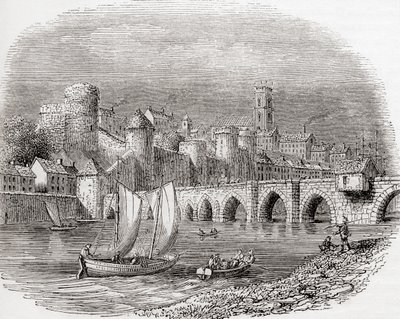 Limerick, Contea di Limerick, Irlanda, con il Castello di Re Giovanni sul fiume Shannon e il ponte Thomand, da Old England: A Pictorial Museum, pub. 1847 da English School