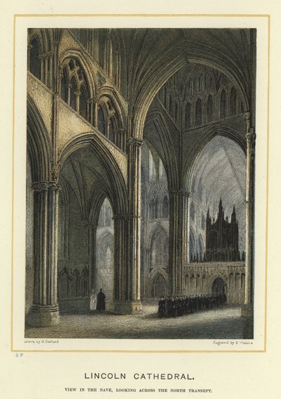 Cattedrale di Lincoln, vista nella navata, guardando attraverso il transetto nord da English School