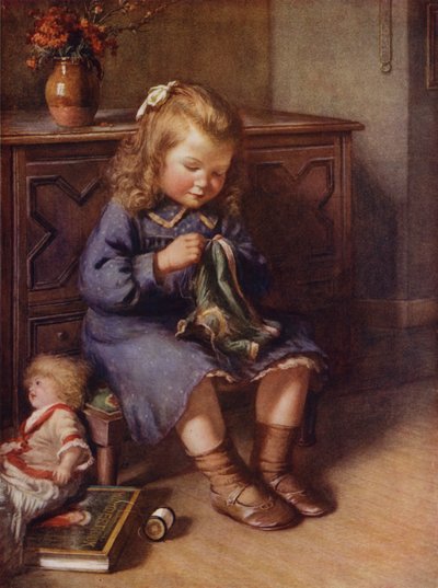 Bambina che cuce vestiti per la sua bambola da English School