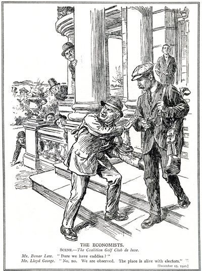 Lloyd George e Bonar Law al Coalition Golf Club, timorosi della Anti-Waste League, devono rinunciare al lusso dei caddie, dicembre 1920 da English School