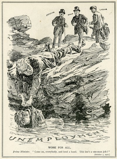 Lloyd George che dice a datori di lavoro, banchieri e lavoratori di cooperare per sconfiggere la disoccupazione, 1921 da English School